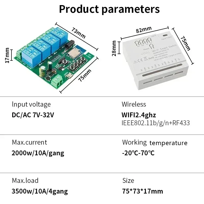 Tuya Smart Switch Wifi Garage Door Wifi Relay Switch Wifi RF 4 Channel Module 85-265V Wifi Curtain Module Wireless Switch