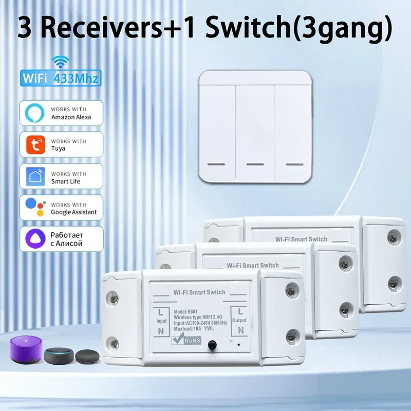 Tuya WIFI Switch 433MHz Smart Home Automation Relay Module 1/2/3 Gang Wireless Wall Switch Home Control Works with Alexa Google