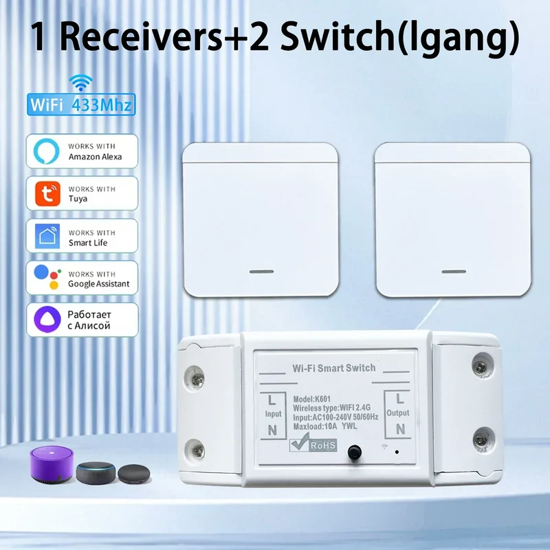 Tuya WIFI Switch 433MHz Smart Home Automation Relay Module 1/2/3 Gang Wireless Wall Switch Home Control Works with Alexa Google