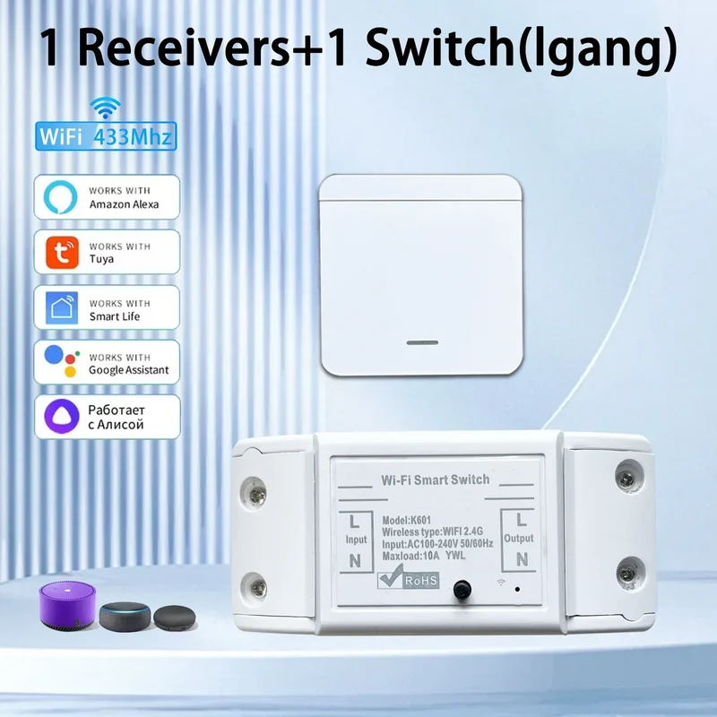 Tuya WIFI Switch 433MHz Smart Home Automation Relay Module 1/2/3 Gang Wireless Wall Switch Home Control Works with Alexa Google