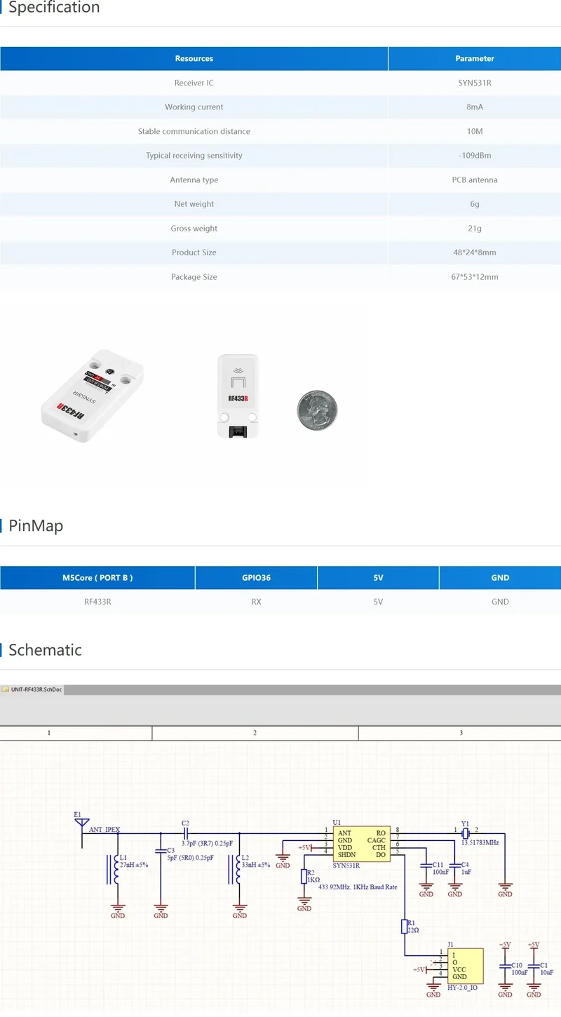 M5Stack RF433R/T Wireless RF Transmitter & Receiver Working Frequency 433.92MHz for IoT RF Remote Control Automation Application