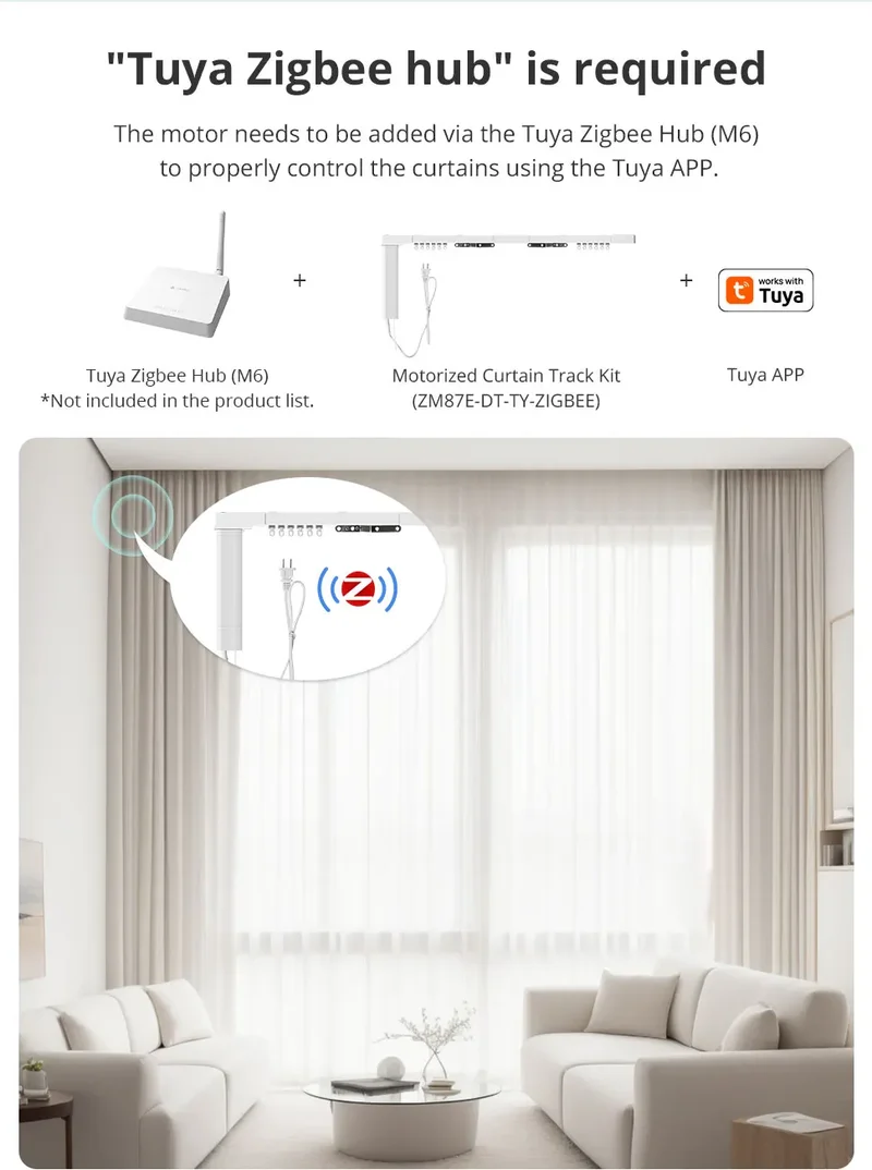 Zemismart Zigbee Curtain Track Work with Tuya Smart Life Alexa Echo Google Home Control SmartThings Electric Curtains
