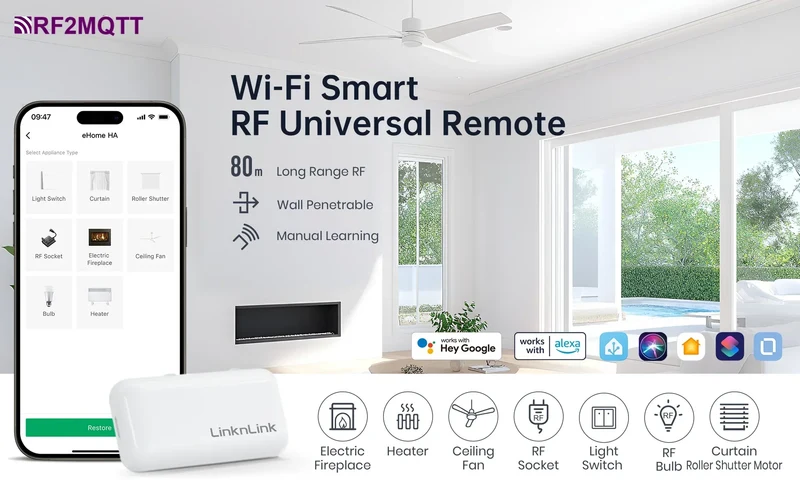 LinknLink eHome HA Wi-Fi Smart RF Universal Remote Controller for Light Switch,Ceiling Fan,Roller Shutter,RF2MQTT Home Assistant