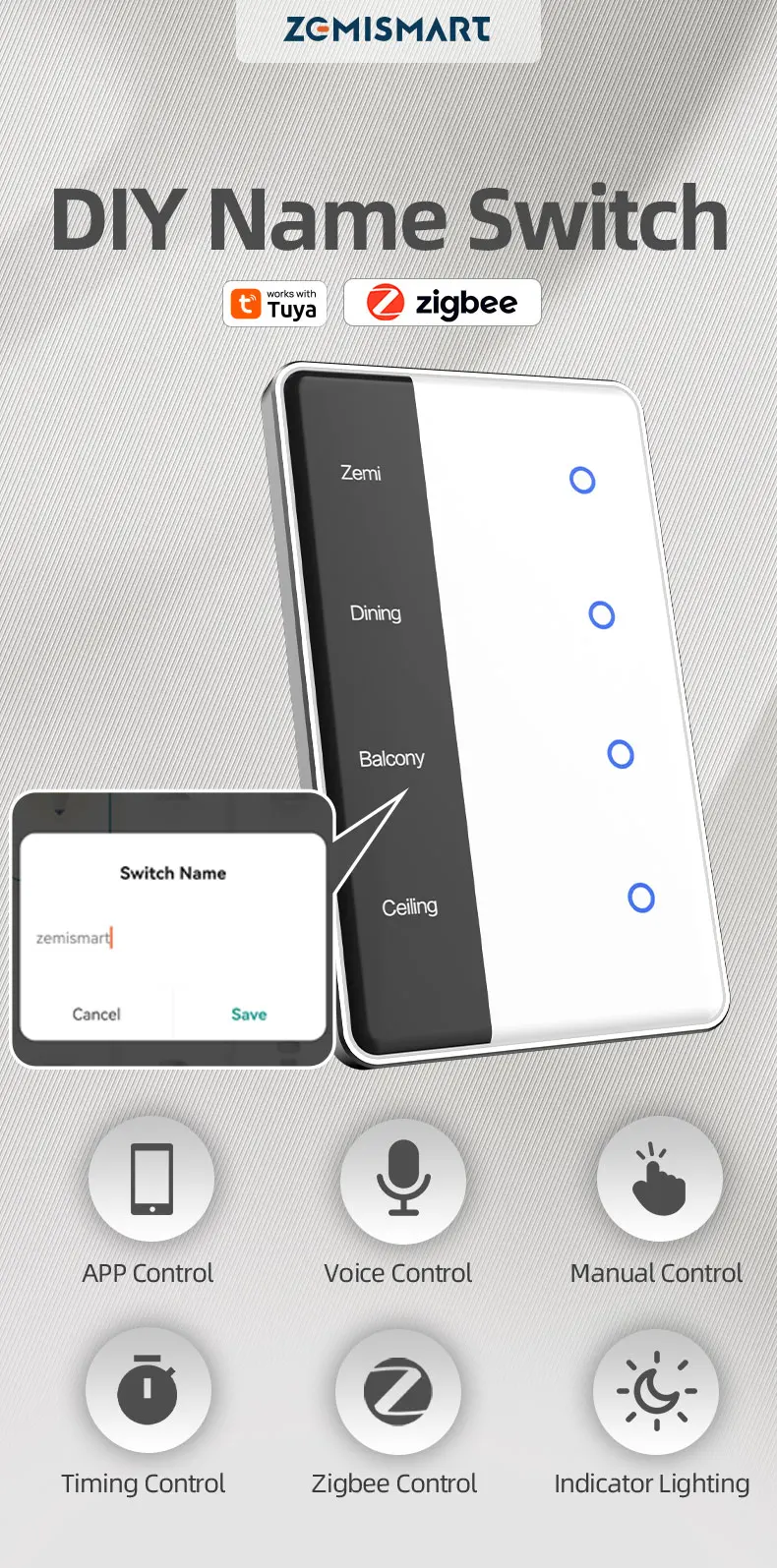 Zigbee Smart DIY Name Switch Work with Tuya App US Type Display Screen Touch Wall Light Switch Alexa Google Home Voice Control