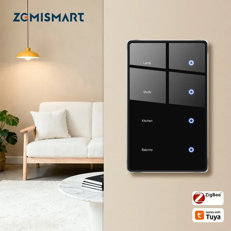 Zemismart Zigbee DIY Name Switch US Black Touch Panel Smart Display Screen Light Switch Work with Tuya Smart Life App