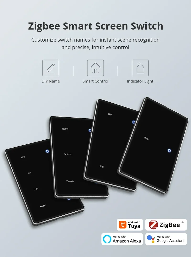 Zemismart Zigbee DIY Name Switch US Black Touch Panel Smart Display Screen Light Switch Work with Tuya Smart Life App