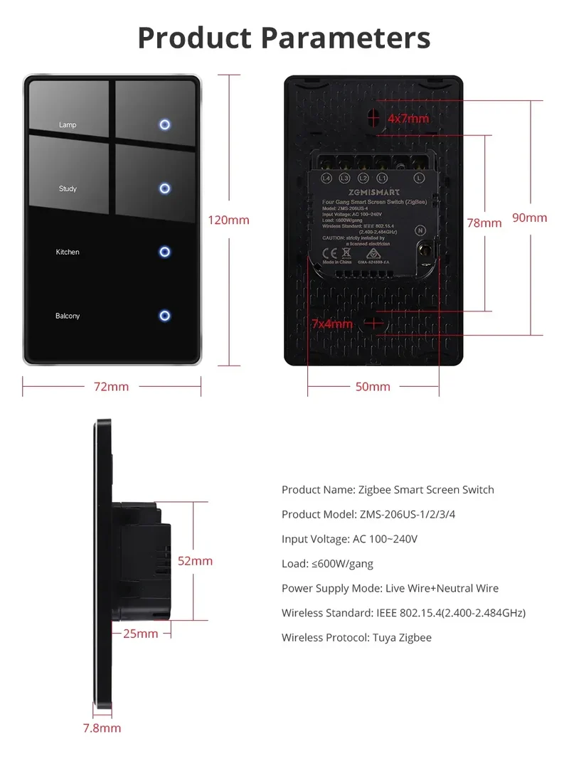 Zemismart Zigbee DIY Name Switch US Black Touch Panel Smart Display Screen Light Switch Work with Tuya Smart Life App