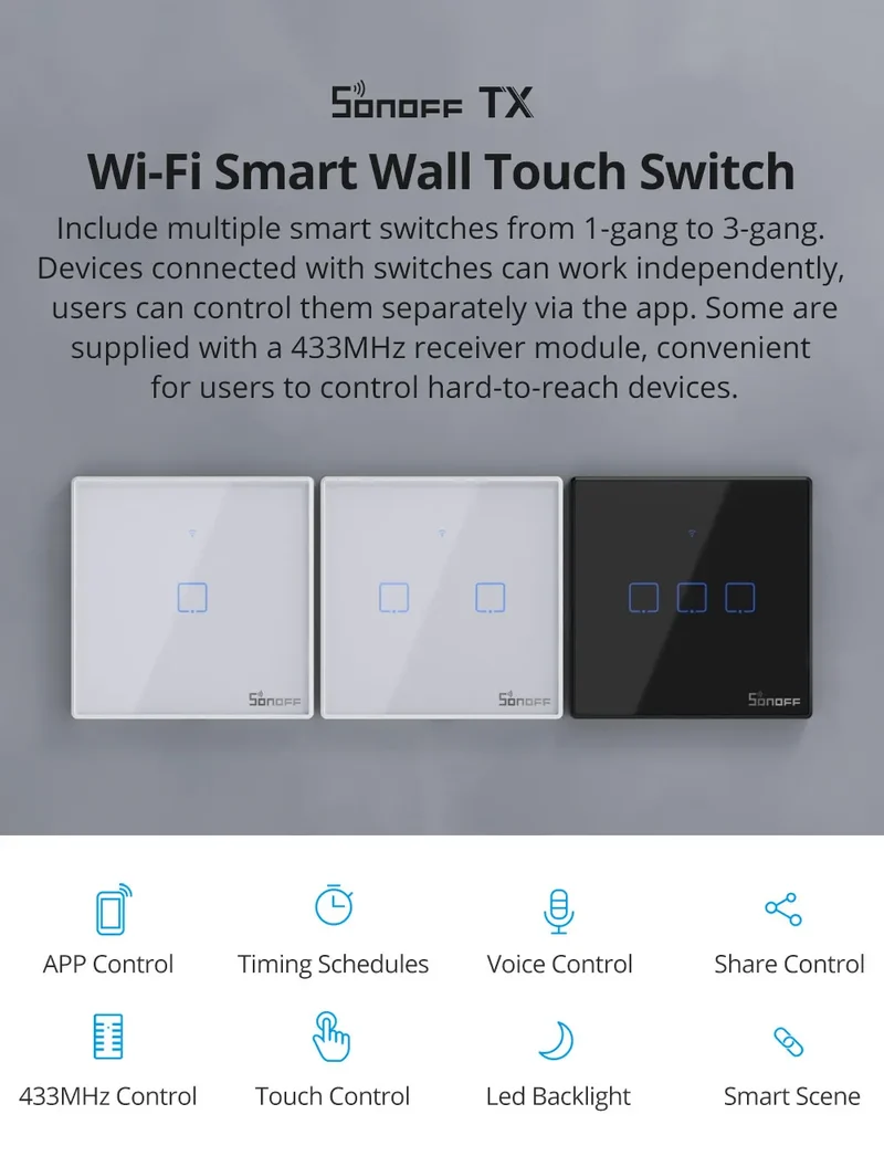SONOFF TX US Wall Smart Switch 433Mhz RF Remote Control Wi-Fi Touch Switch via eWeLink APP Works With Alexa Google Home