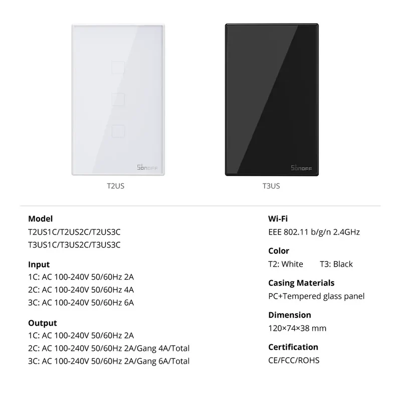 SONOFF TX US Wall Smart Switch 433Mhz RF Remote Control Wi-Fi Touch Switch via eWeLink APP Works With Alexa Google Home