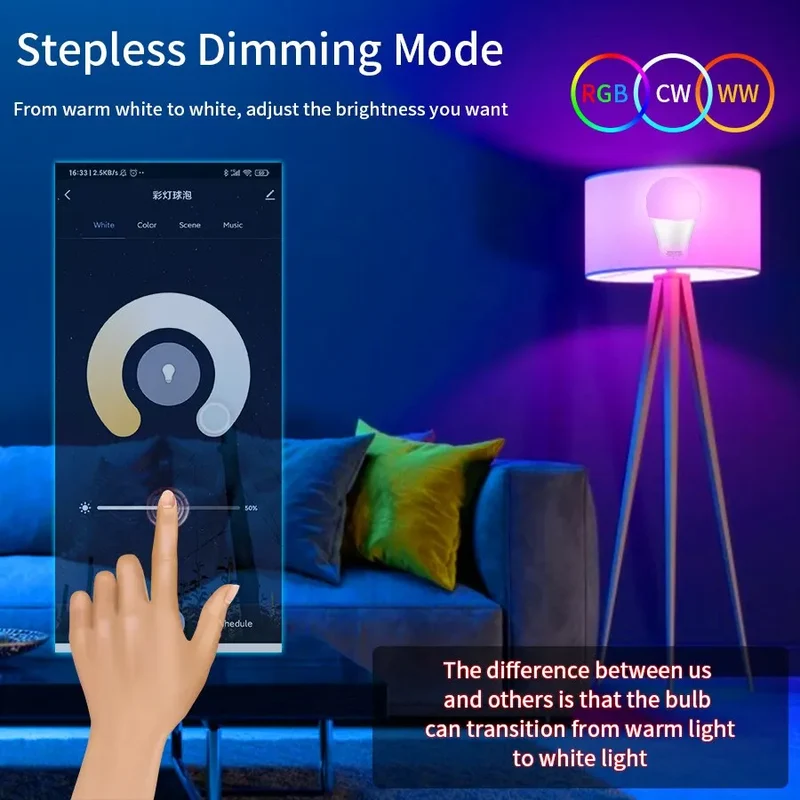 Tuya APP Bluetooth Smart WiFi RGB LED Bulbs Music Sync Dimmable Colourful RGB+CCT E27 LED Lamp For Bedroom Party Decor Lighting