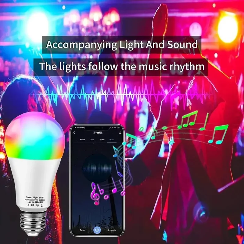 Tuya APP Bluetooth Smart WiFi RGB LED Bulbs Music Sync Dimmable Colourful RGB+CCT E27 LED Lamp For Bedroom Party Decor Lighting