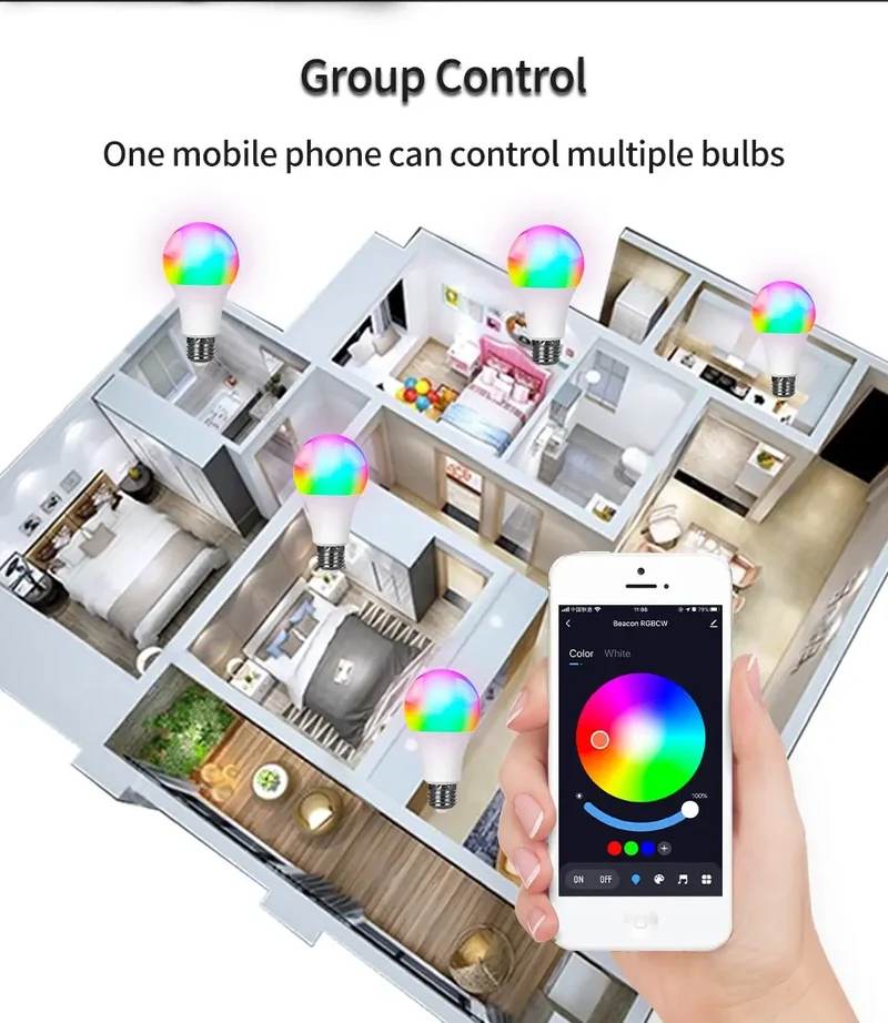 Tuya APP Bluetooth Smart WiFi RGB LED Bulbs Music Sync Dimmable Colourful RGB+CCT E27 LED Lamp For Bedroom Party Decor Lighting