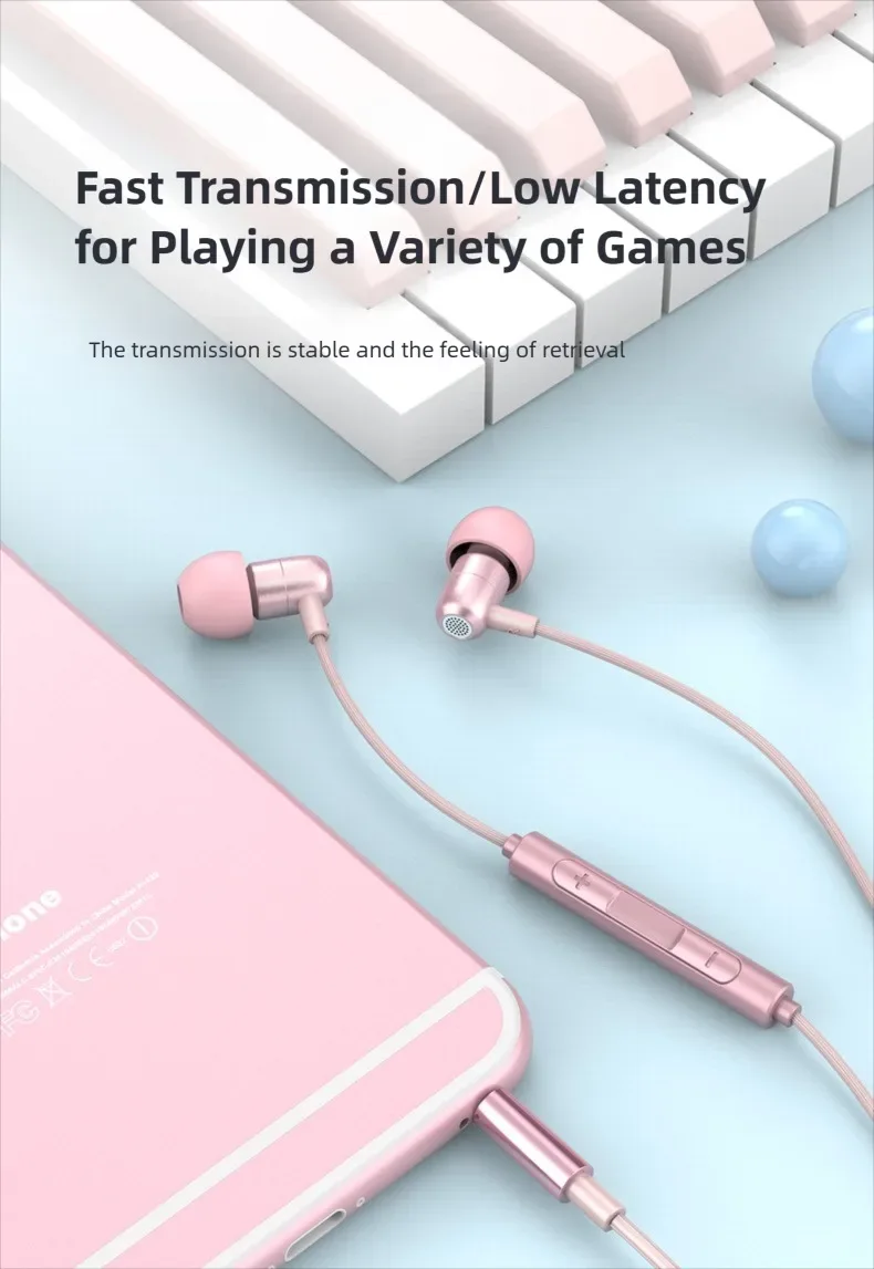 Portable In Ear Music Wired Pink Earphones For Girl Women Gaming Play With Mic Sleep Anti-lost Wired Type C 3.5mm Headphone