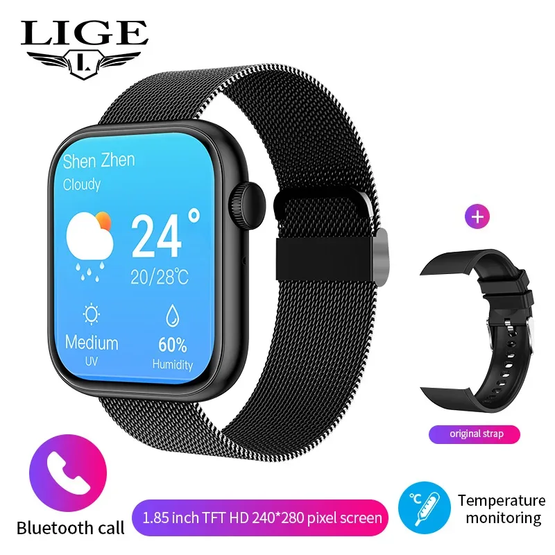 LIGE New Women Smart Watch 1.85 Full Touch Bluetooth Call Smart Wristwatch Body Temperature Watch Sports Bracelet Men Smartwatch