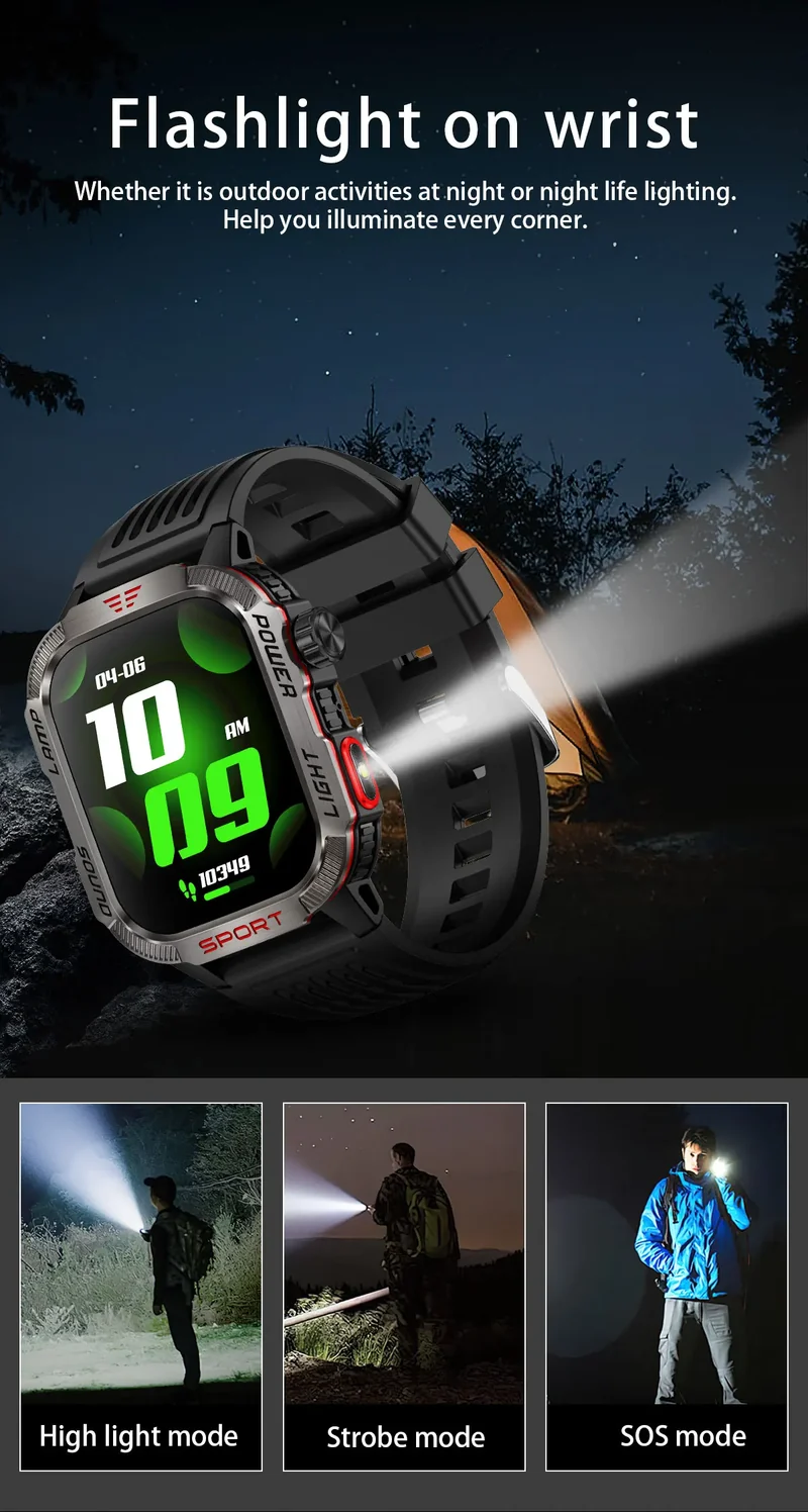 2026 New LED flashlight Military Smart Watch Men IP68 GPS Outdoor Sports Fitness Tracker Health Monitor 2.01" BT Call Smartwatch