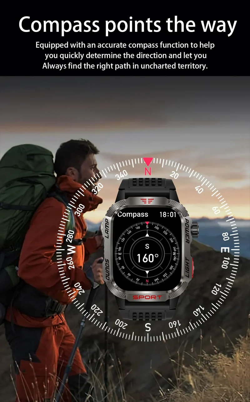 2026 New LED flashlight Military Smart Watch Men IP68 GPS Outdoor Sports Fitness Tracker Health Monitor 2.01" BT Call Smartwatch