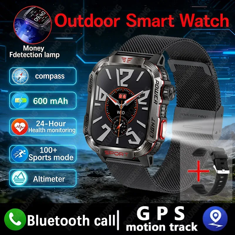 2026 New LED flashlight Military Smart Watch Men IP68 GPS Outdoor Sports Fitness Tracker Health Monitor 2.01" BT Call Smartwatch