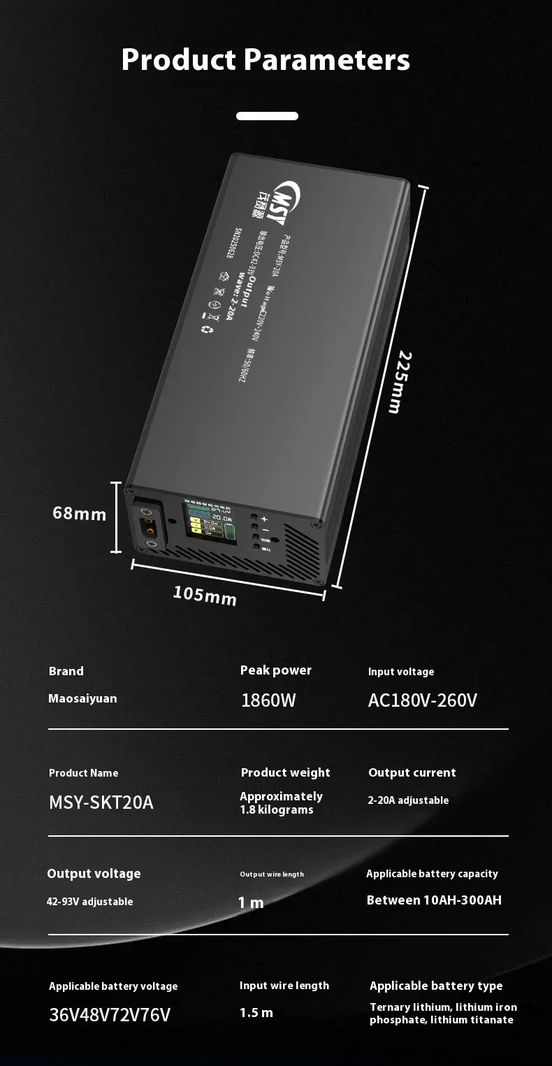 10 - 93V Adjustable Charger 3- 20A for 18650 LiFePO4 Lithium ion Battery 14.6V 16.8V 58.4V 54.6V 87.6V 84V 71.4V 58.8V 29.2V 20A