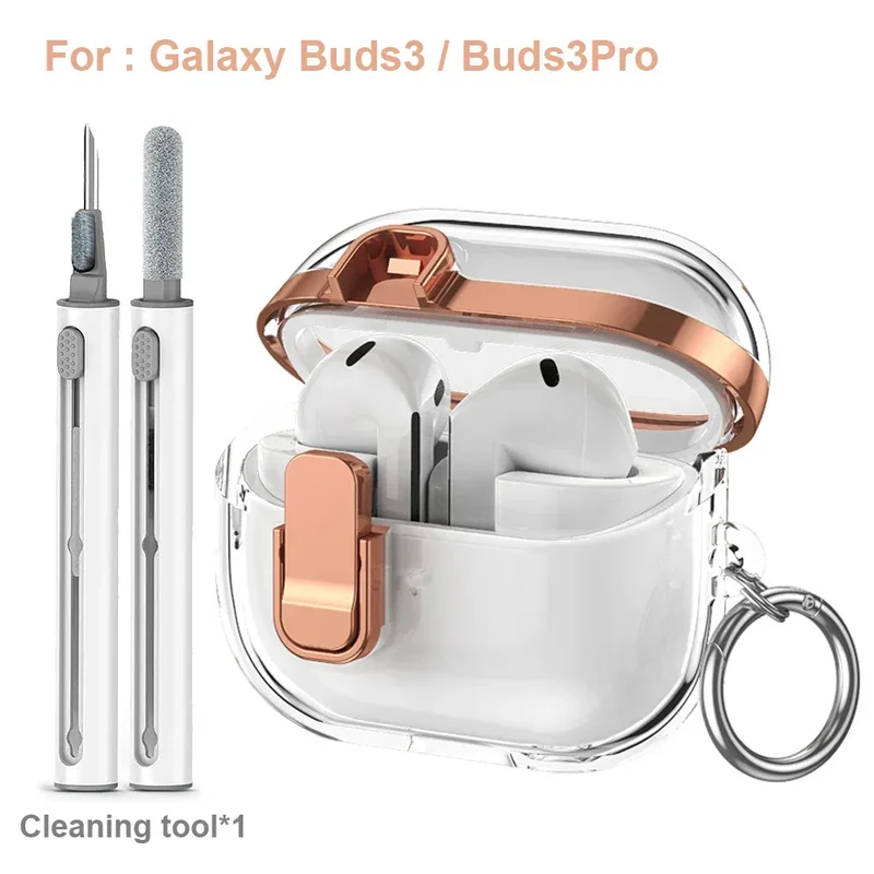 Transparent Secure Lock Earphone Cover For Samsung Galaxy Buds 3 / Buds 3 Pro Case Shockproof With Keychain Cleaning Accessories