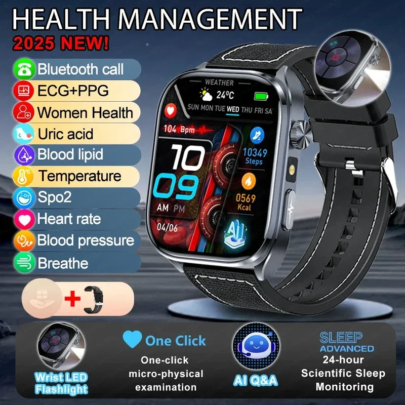 New Uric Acid Blood Lipids AI-GPT ECG Smartwatch Micro Physical Examination Body Analysis Men BT Call LED Flashlight Smartwatch