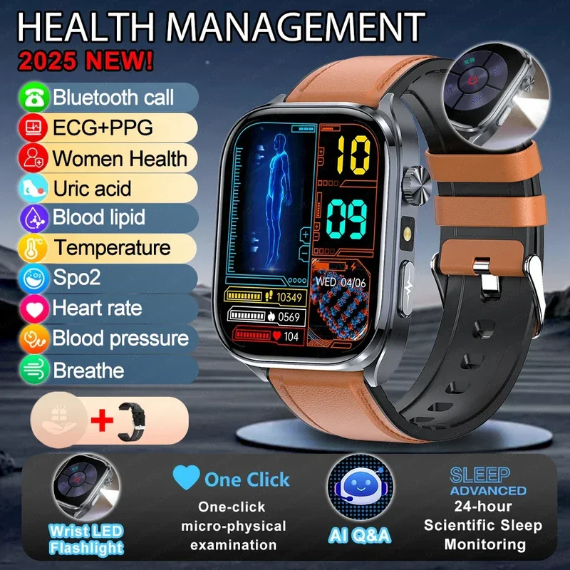 New Uric Acid Blood Lipids AI-GPT ECG Smartwatch Micro Physical Examination Body Analysis Men BT Call LED Flashlight Smartwatch