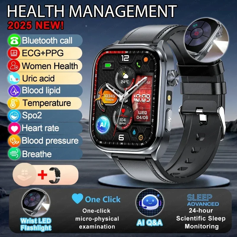 New Uric Acid Blood Lipids AI-GPT ECG Smartwatch Micro Physical Examination Body Analysis Men BT Call LED Flashlight Smartwatch