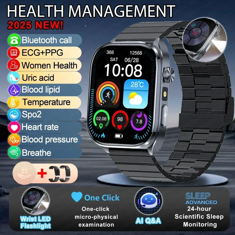 New Uric Acid Blood Lipids AI-GPT ECG Smartwatch Micro Physical Examination Body Analysis Men BT Call LED Flashlight Smartwatch