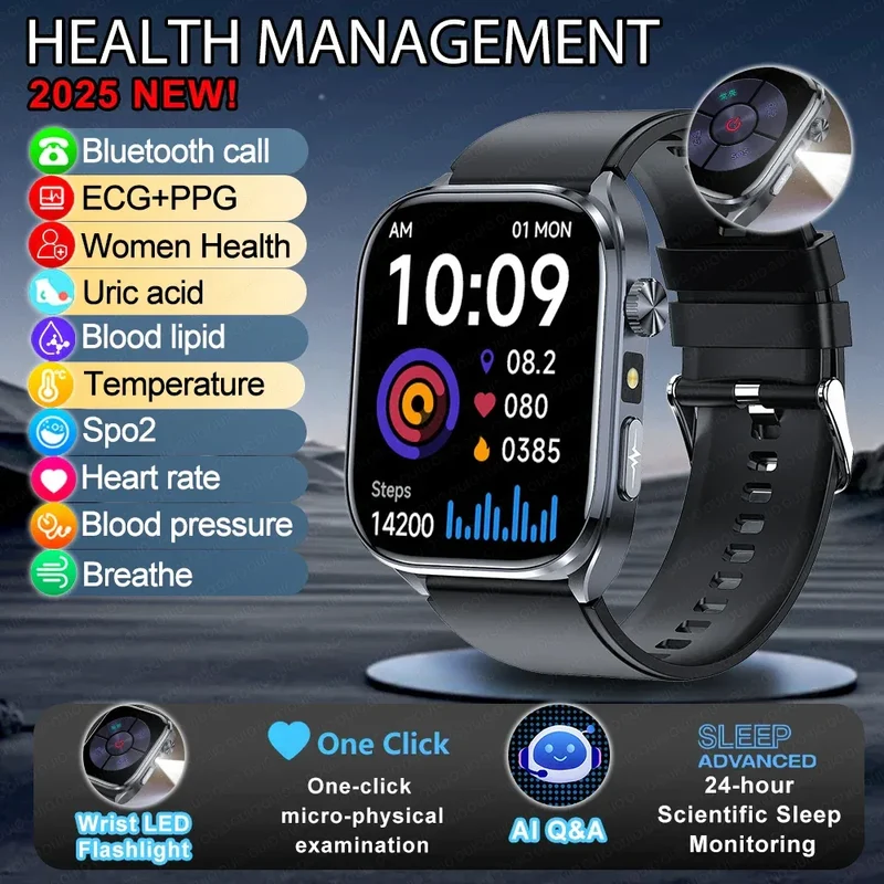 New Uric Acid Blood Lipids AI-GPT ECG Smartwatch Micro Physical Examination Body Analysis Men BT Call LED Flashlight Smartwatch