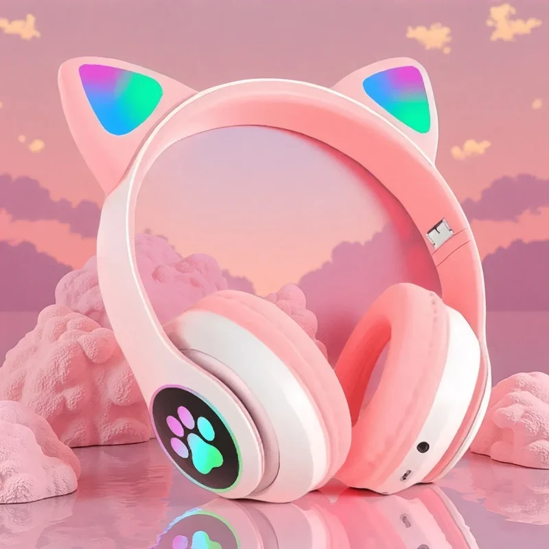 New Flash Light Cute Cat Ears Wireless Headphone with Mic Control LED Kid Girl Stereo Music Helmet Phone Bluetooth Headset Gift
