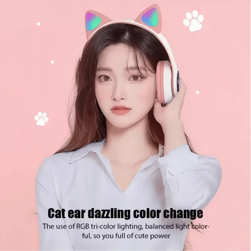 New Flash Light Cute Cat Ears Wireless Headphone with Mic Control LED Kid Girl Stereo Music Helmet Phone Bluetooth Headset Gift