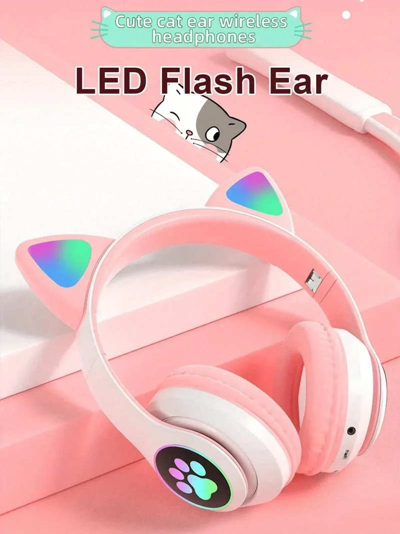 New Flash Light Cute Cat Ears Wireless Headphone with Mic Control LED Kid Girl Stereo Music Helmet Phone Bluetooth Headset Gift
