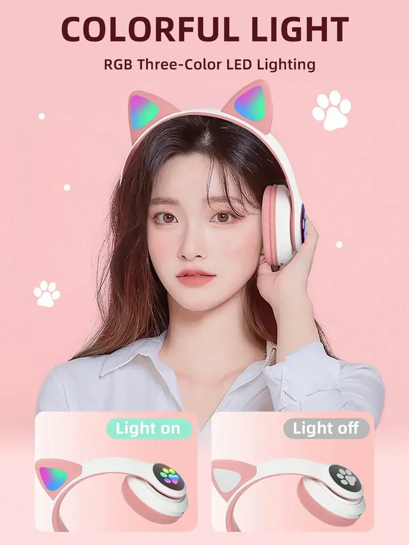 New Flash Light Cute Cat Ears Wireless Headphone with Mic Control LED Kid Girl Stereo Music Helmet Phone Bluetooth Headset Gift