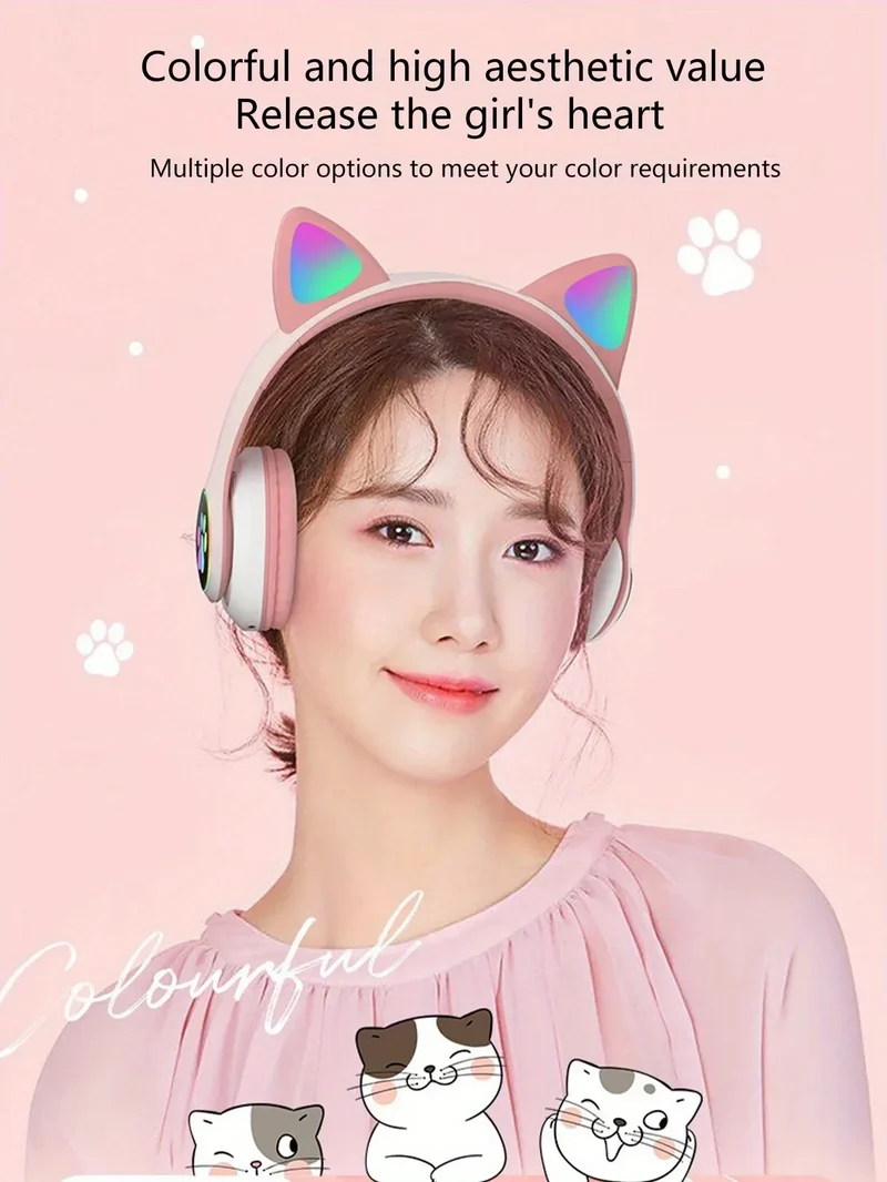 New Flash Light Cute Cat Ears Wireless Headphone with Mic Control LED Kid Girl Stereo Music Helmet Phone Bluetooth Headset Gift