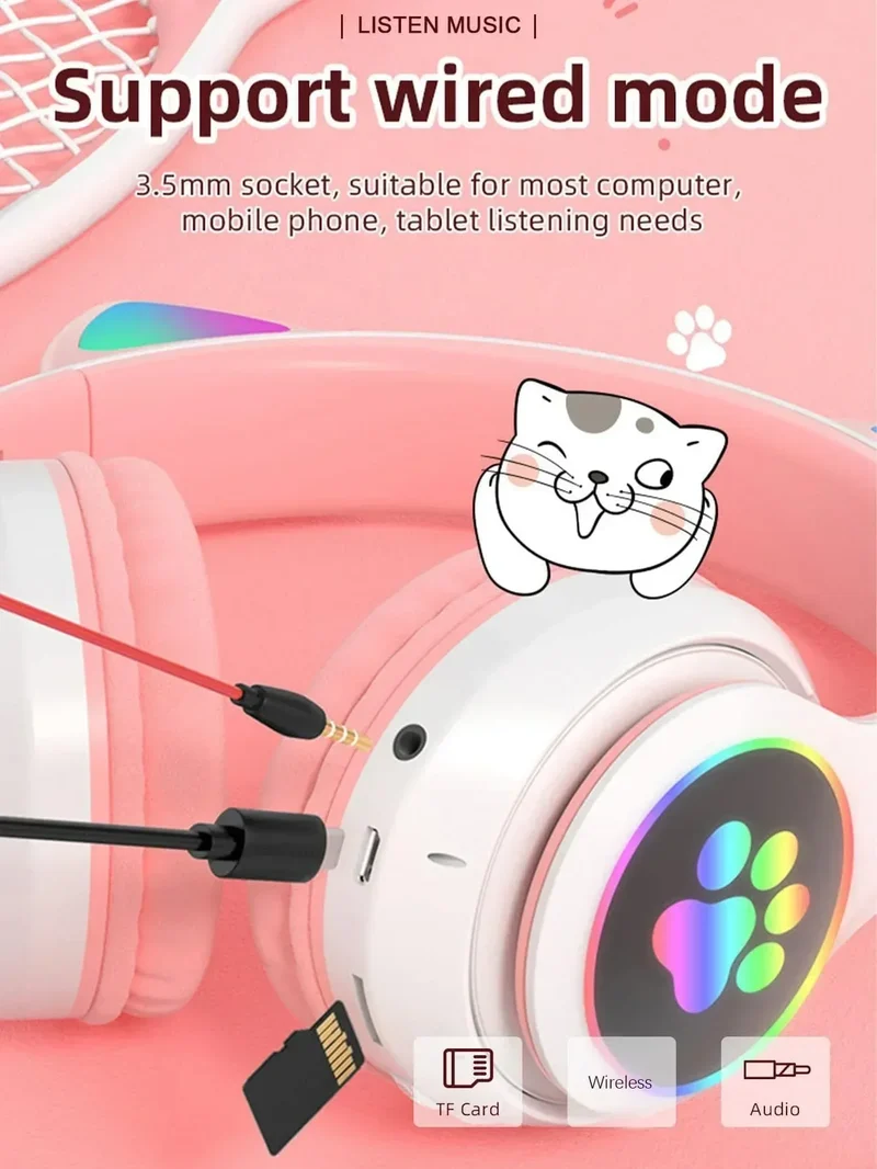 New Flash Light Cute Cat Ears Wireless Headphone with Mic Control LED Kid Girl Stereo Music Helmet Phone Bluetooth Headset Gift