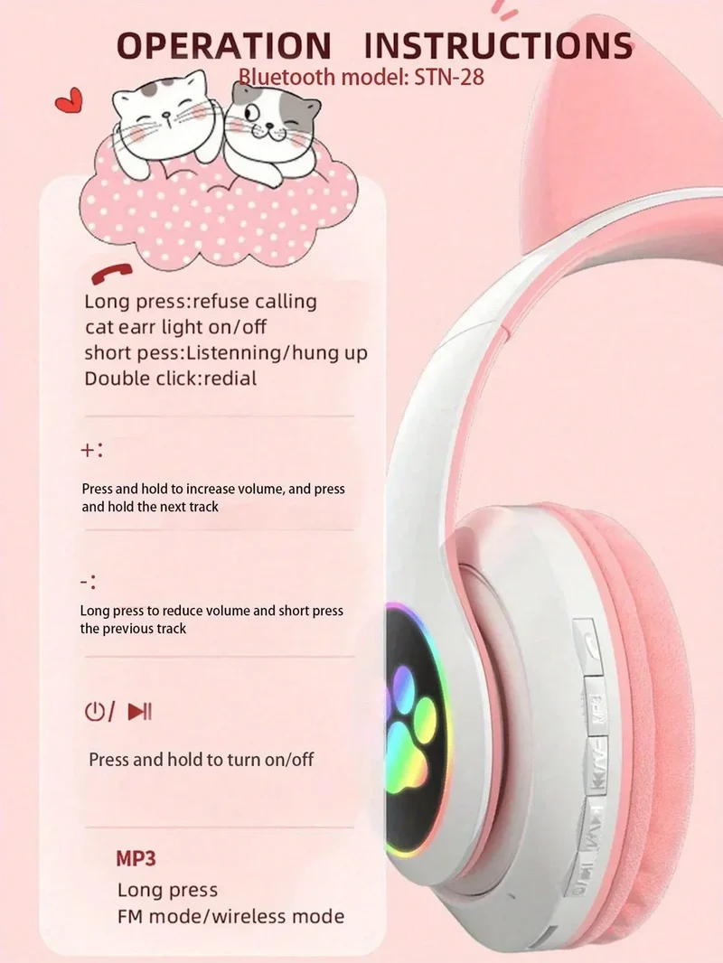 New Flash Light Cute Cat Ears Wireless Headphone with Mic Control LED Kid Girl Stereo Music Helmet Phone Bluetooth Headset Gift