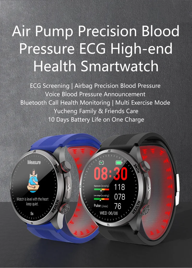 New Blood pressure Non-invasive Health Monitor Airbag Sports Smart Watches ECG+PPG Precise 1.43-inch AMOLED Calls Smartwatch NFC