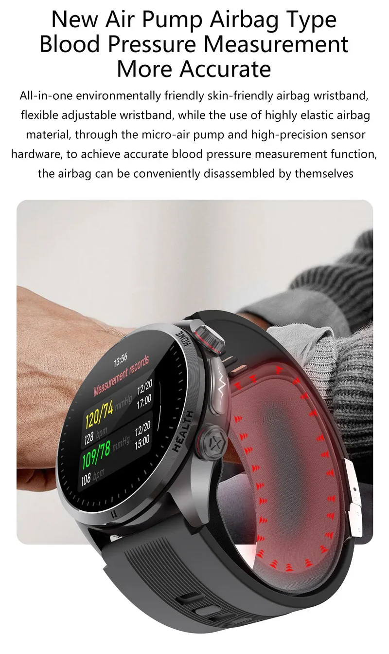 New Blood pressure Non-invasive Health Monitor Airbag Sports Smart Watches ECG+PPG Precise 1.43-inch AMOLED Calls Smartwatch NFC
