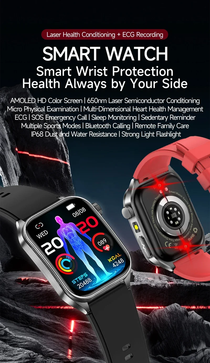 New 650nm Dual probe laser Health Smart Watch ECG+PPG Blood pressure Uric Acid Blood lipids AMOLED Physical therapy Smartwatches