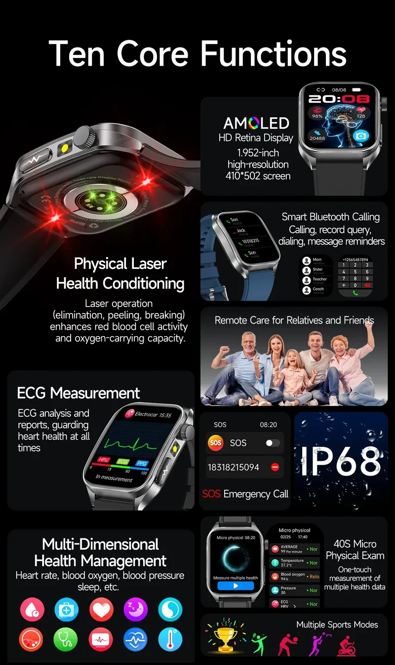 New 650nm Dual probe laser Health Smart Watch ECG+PPG Blood pressure Uric Acid Blood lipids AMOLED Physical therapy Smartwatches