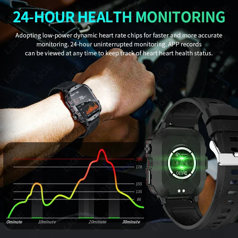 LIGE Outdoor Smart Watch Men 2.01" Screen 3AT Waterproof Watches Bluetooth Call Ai Voice Sport Smartwatch For Android Xiaomi IOS