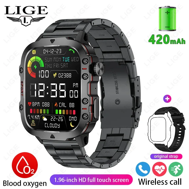 LIGE Outdoor Smart Watch Men 2.01" Screen 3AT Waterproof Watches Bluetooth Call Ai Voice Sport Smartwatch For Android Xiaomi IOS