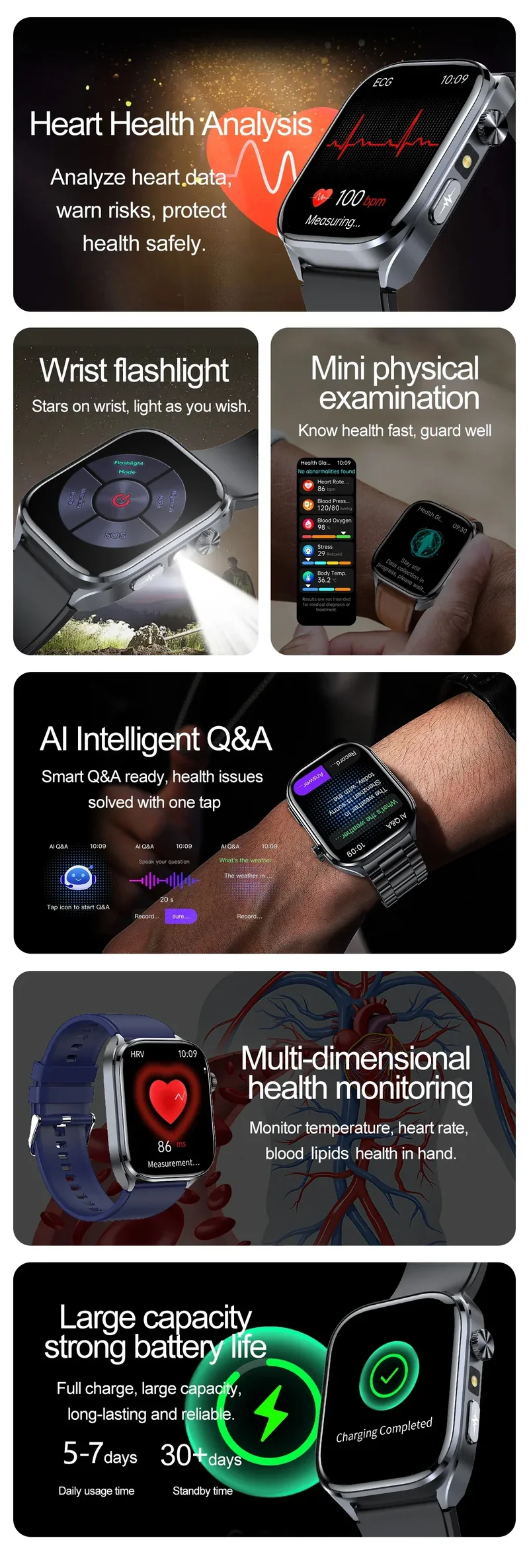 2025 New Accurate ECG Smart Watch Heart Health Analysis Blood analysis Blood Lipid Blood Pressure BT call Smart Watches For Men