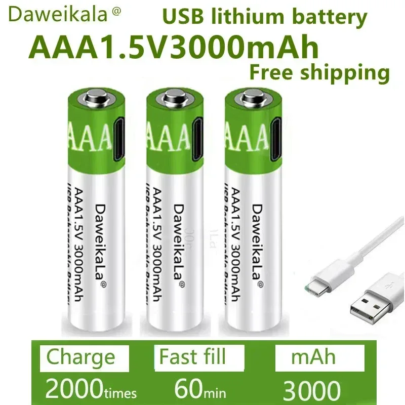 New 1.5V AAA grade lithium-ion battery with 3000mAh capacit USB rechargeable battery suitable forRomote Control LED toy keyboard