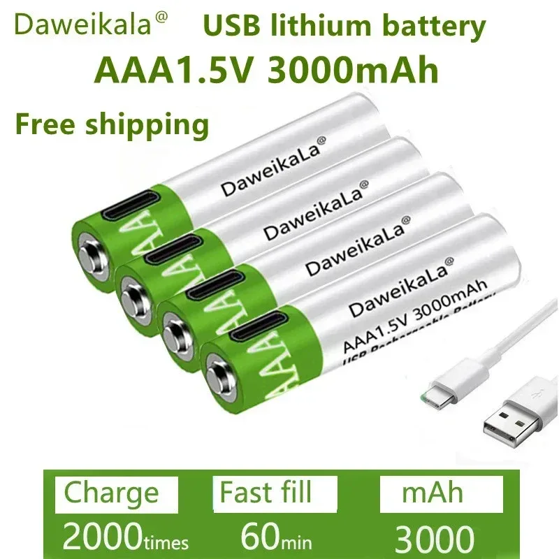 New 1.5V AAA grade lithium-ion battery with 3000mAh capacit USB rechargeable battery suitable forRomote Control LED toy keyboard