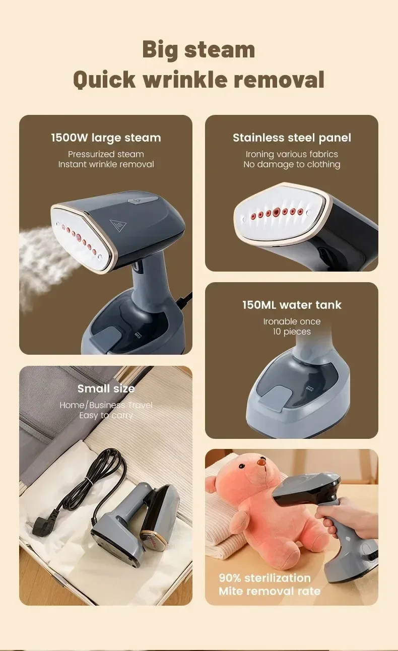 1500W Foldable Electric Fabric Steamer Fast-Heat Handheld Steam Iron for Home Travel Garment Care