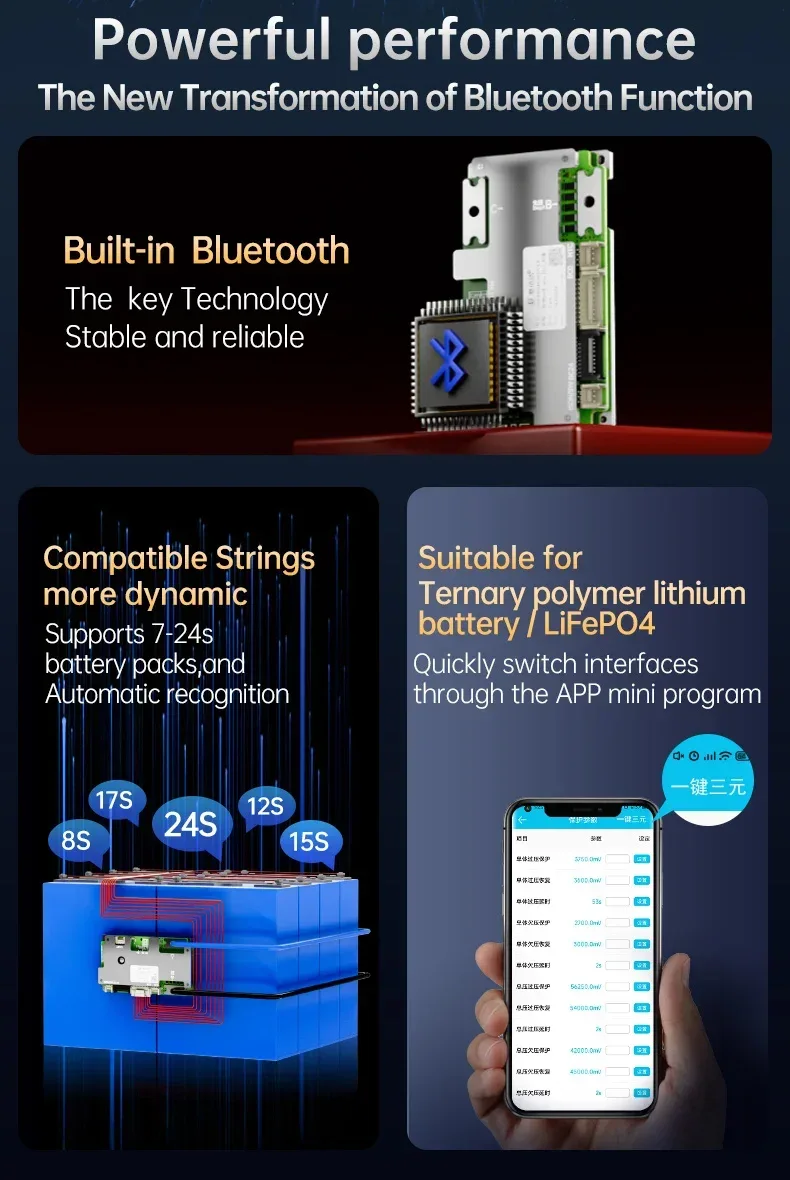 Build-in BT JBD Smart BMS Automatic Identify 7S-24S 8S 9S 10S 11S 12S 13S 14S 16S 20S 21S 22S 40A 50A 60A 80A LFP NMC Battery