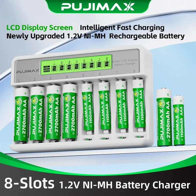 PUJIMAX 8-Slots LCD Display Fast Smart Battery Charger Type-C Charging For 1.2V Ni-MH Ni-CD AA AAA Rechargeable Battery Charger