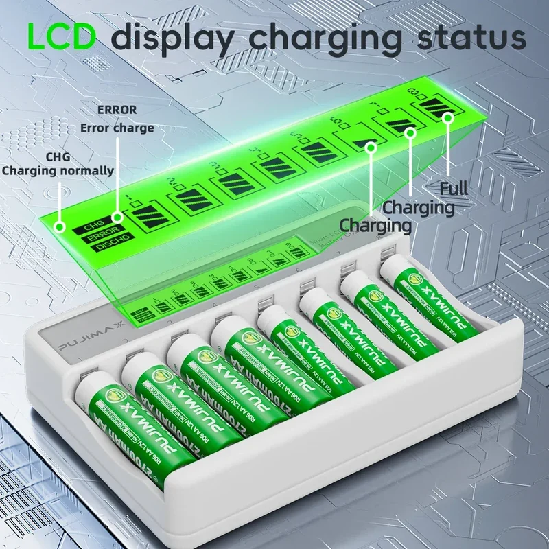 PUJIMAX 8-Slots LCD Display Fast Smart Battery Charger Type-C Charging For 1.2V Ni-MH Ni-CD AA AAA Rechargeable Battery Charger