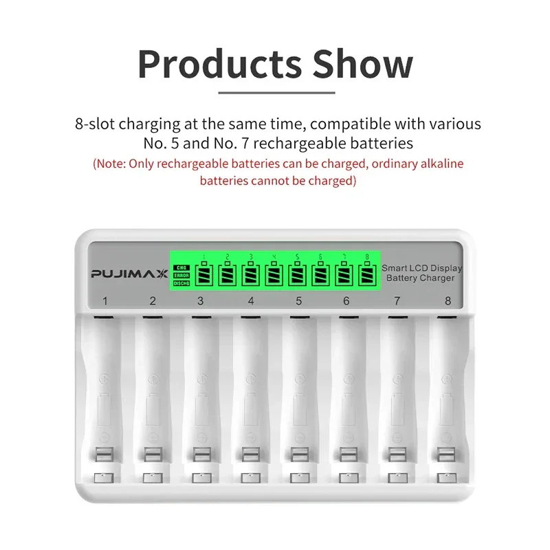PUJIMAX 8-Slots LCD Display Fast Smart Battery Charger Type-C Charging For 1.2V Ni-MH Ni-CD AA AAA Rechargeable Battery Charger