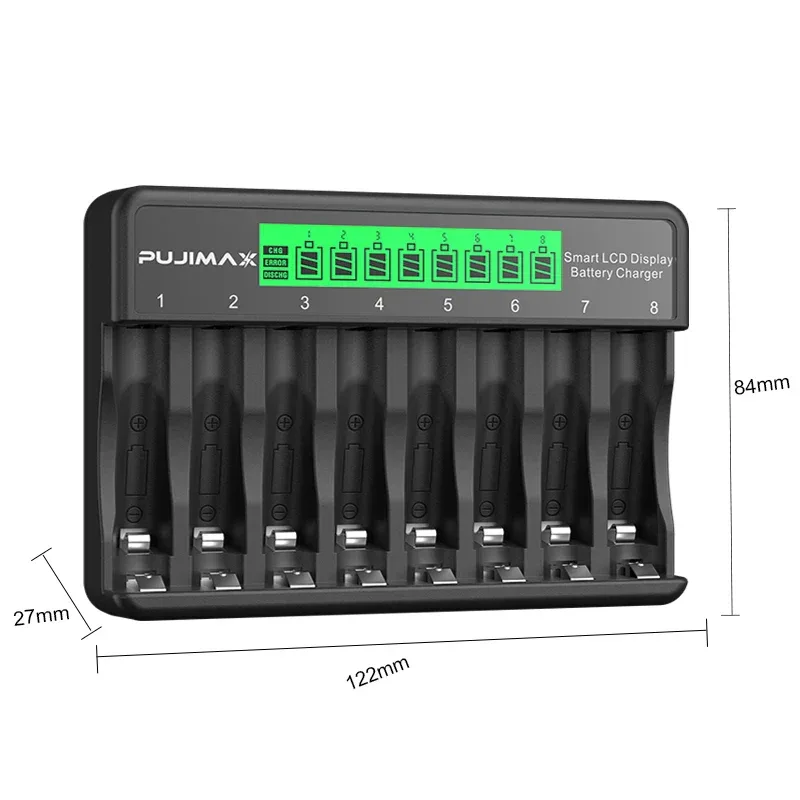 PUJIMAX 8-Slots LCD Display Fast Smart Battery Charger Type-C Charging For 1.2V Ni-MH Ni-CD AA AAA Rechargeable Battery Charger